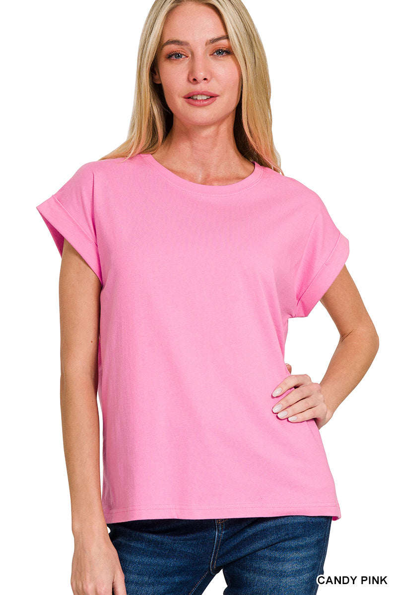 Round neck folded short sleeve t-shirt-How Cute is That? Boutique