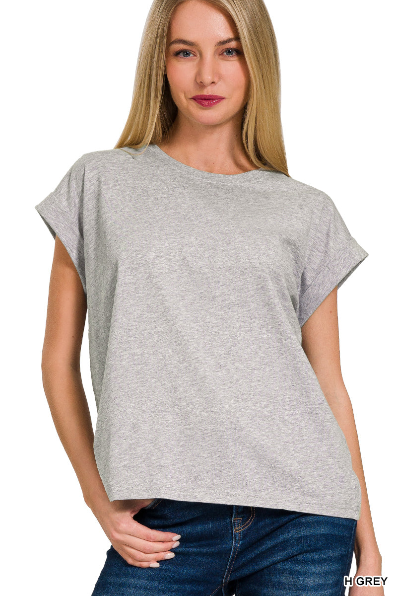 Round neck folded short sleeve t-shirt-How Cute is That? Boutique