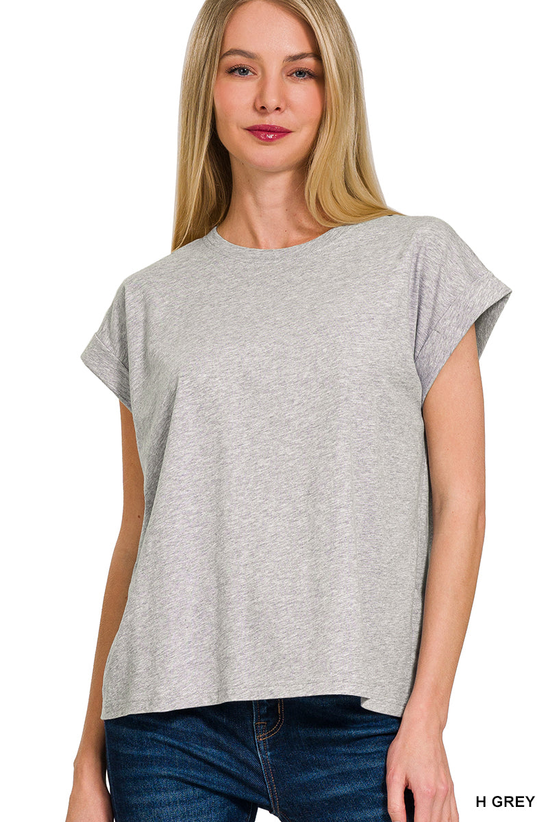 Round neck folded short sleeve t-shirt-How Cute is That? Boutique
