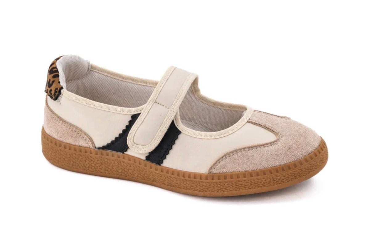 Corkys Calm Down Mary Jane sneakers in Sand Combo with black stripes and leopard heel detail