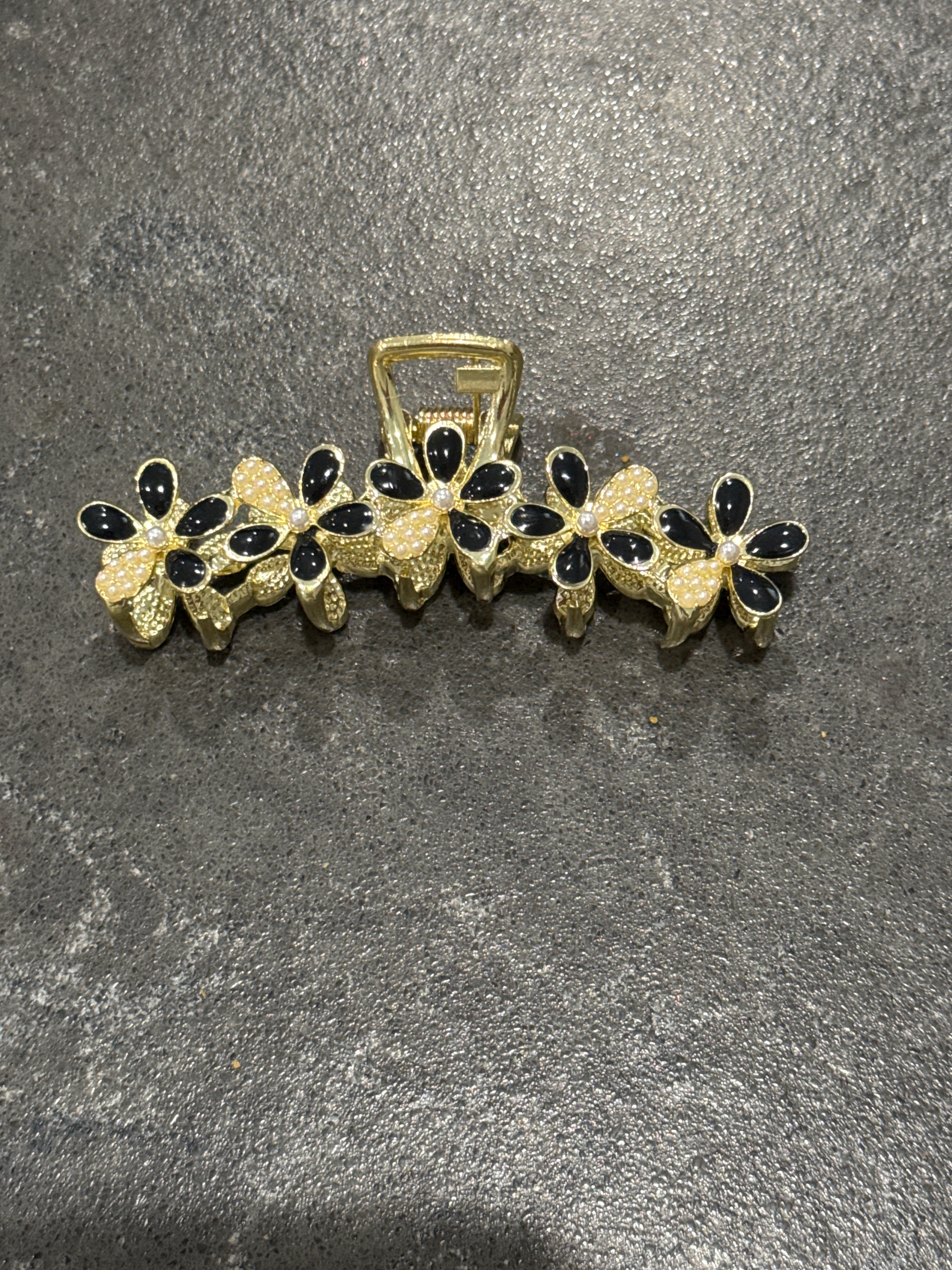 Pearl Black Flower Hair Claw in Gold-How Cute is That? Boutique