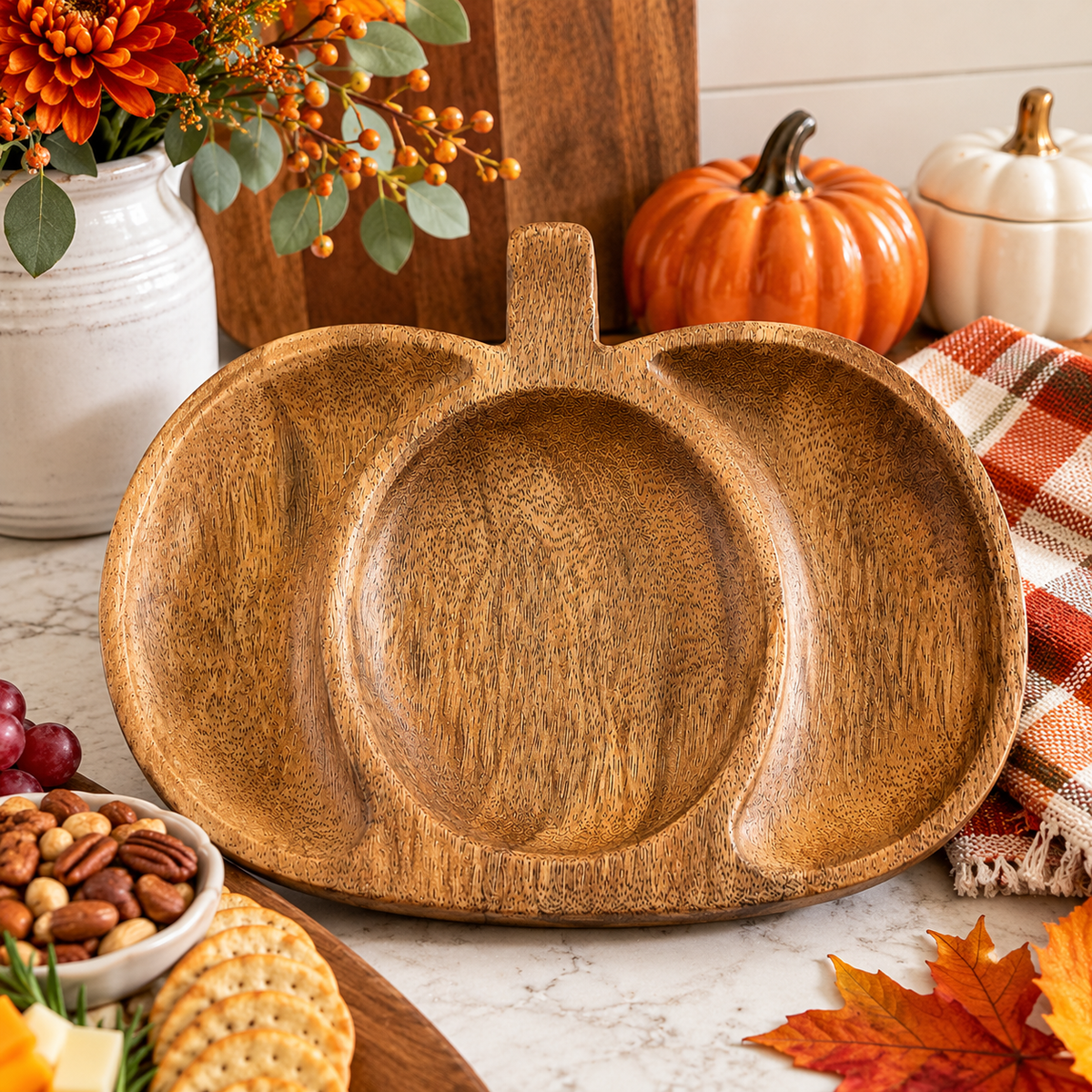Pumpkin-shaped wooden tray with visible wood grain, styled with fall flowers, decorative pumpkins, and a plaid towel