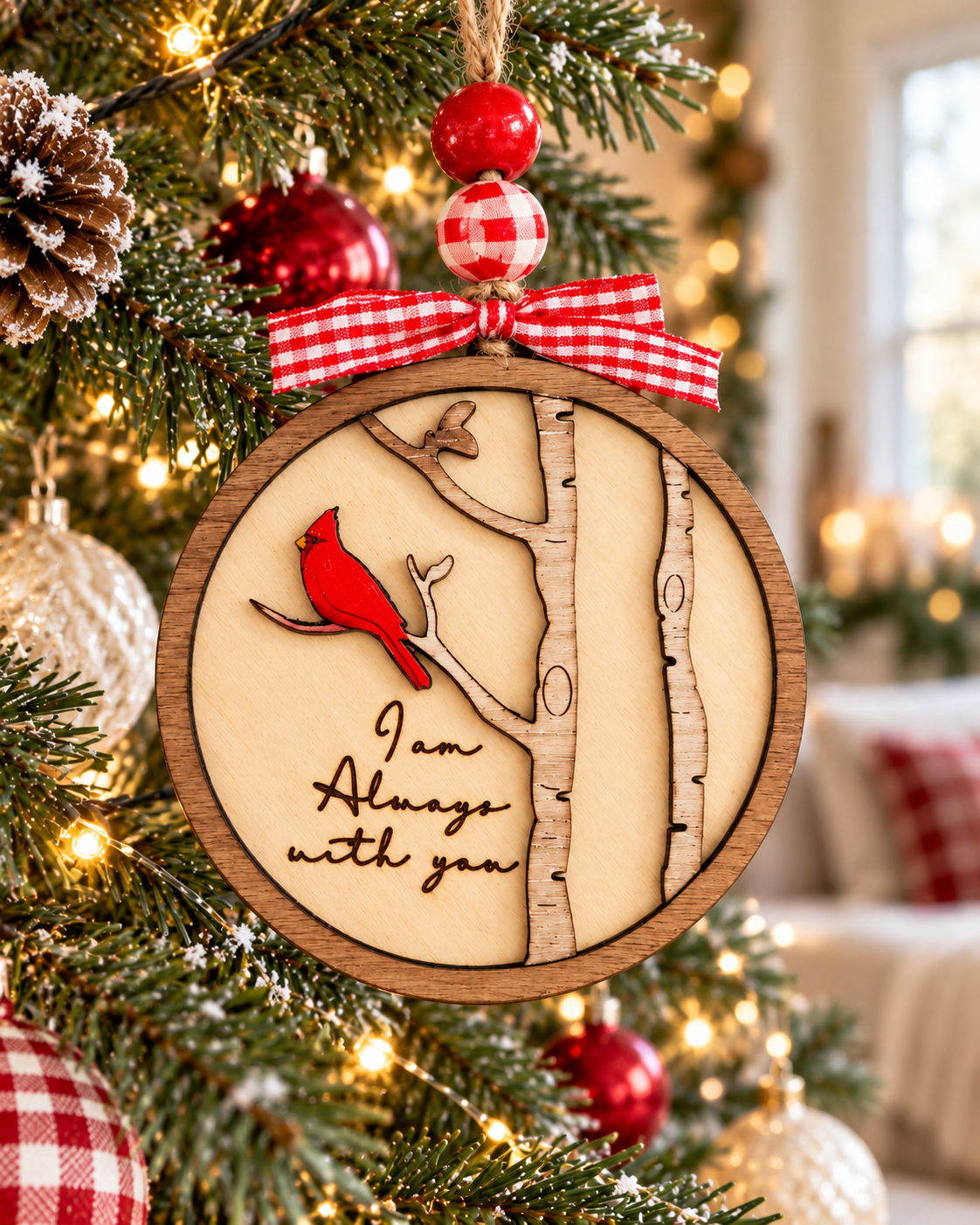 Personalized wooden cardinal memorial Christmas ornament with layered tree branches and “I am Always with you” message\.