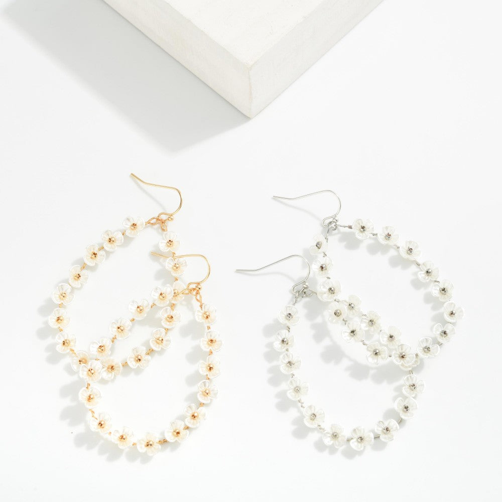 Metal Tone Wire Teardrop Drop Earrings Featuring Pearl Flower Details-How Cute is That? Boutique