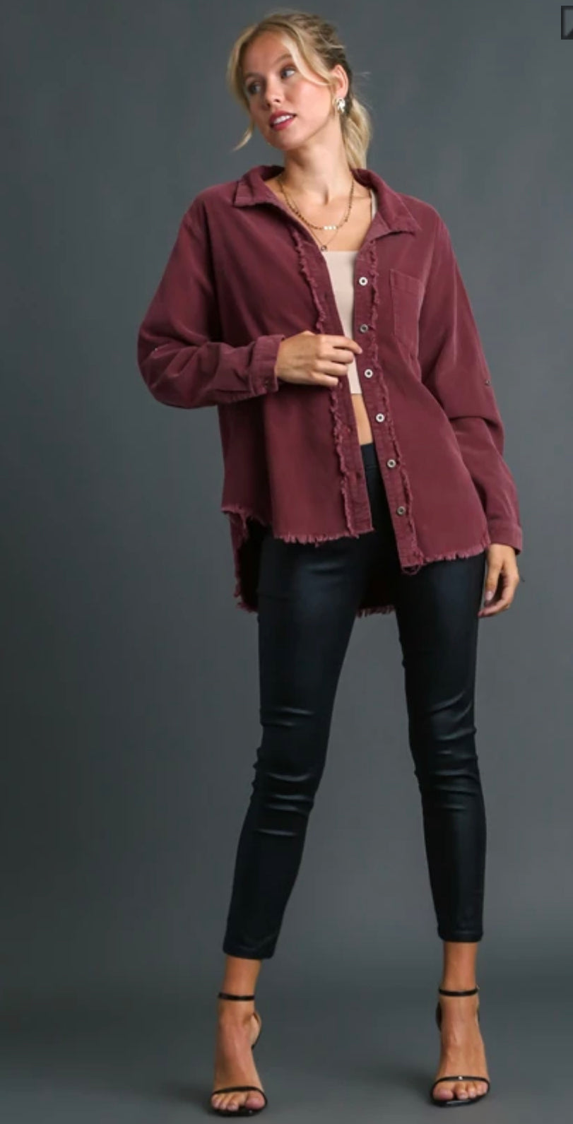 Stone Wash Chest Pocket Collar Button Down Jacket with Unfinished Hem