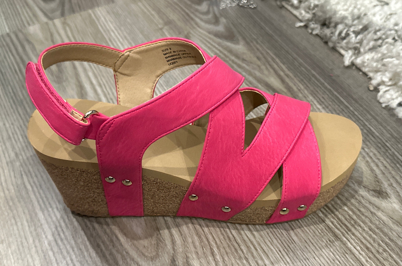 Volatile TORY FAUX LEATHER DOUBLE CRISS CROSS WEDGE in Fuchsia-How Cute is That? Boutique