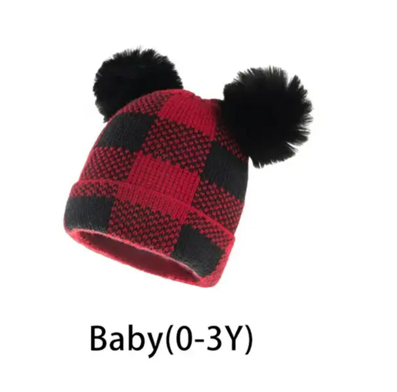 Red Buffalo Plaid Winter Hat with 2 Poms Set- Mama and Mini Set