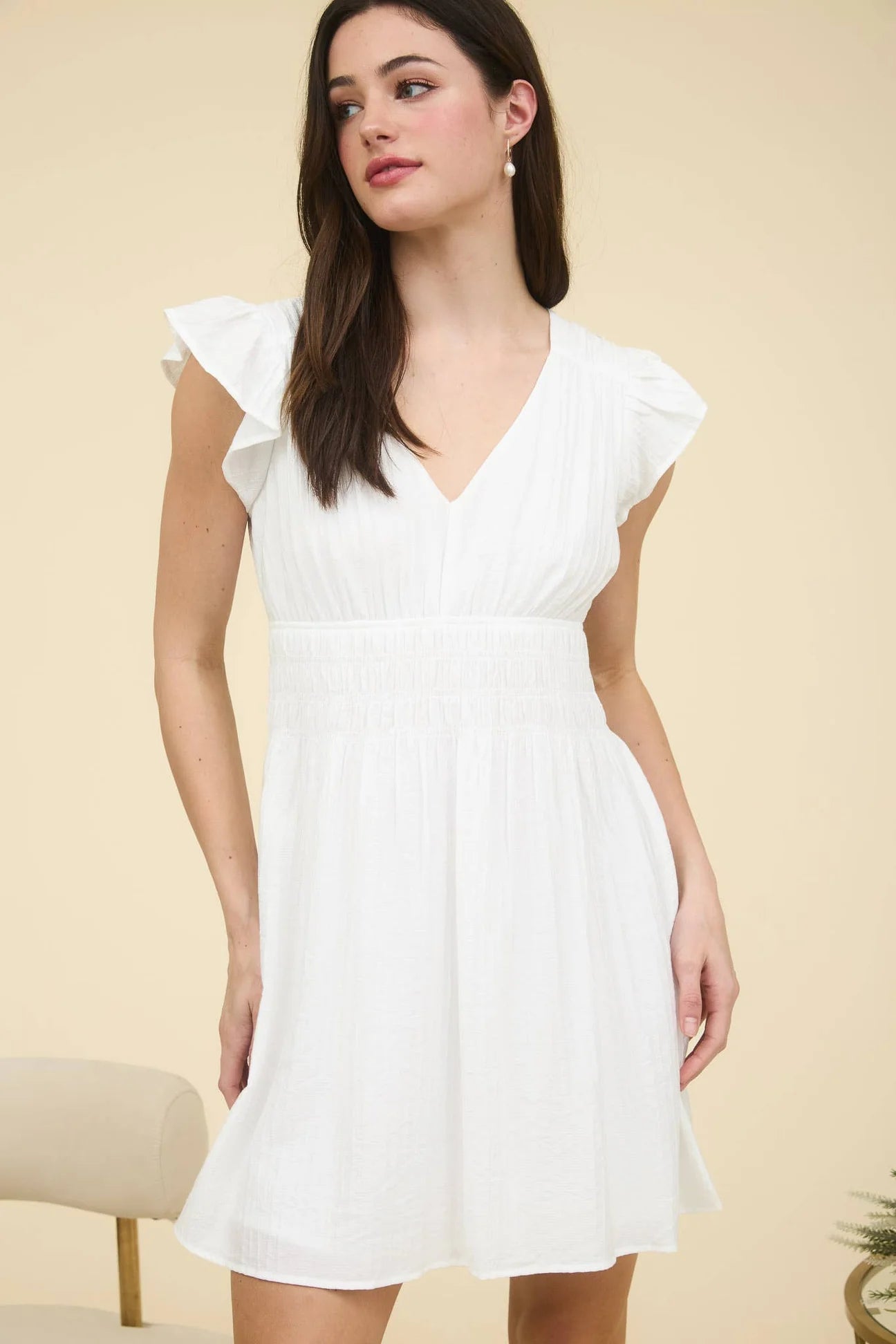 SOLID SHIRRED WAIST V NECK MINI DRESS-How Cute is That? Boutique