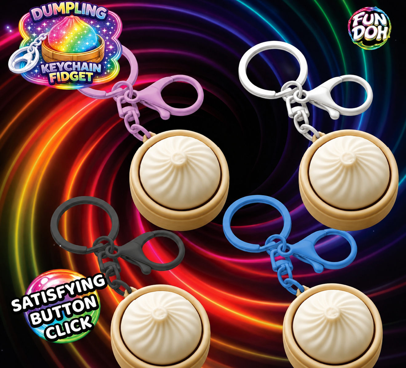 Four dumpling-shaped keychain fidgets in different clip colors (purple, white, black, blue) arranged on a colorful swirling background with 'Dumpling Keychain Fidget' and 'Satisfying Button Click' text, plus a 'Fun Doh' logo.