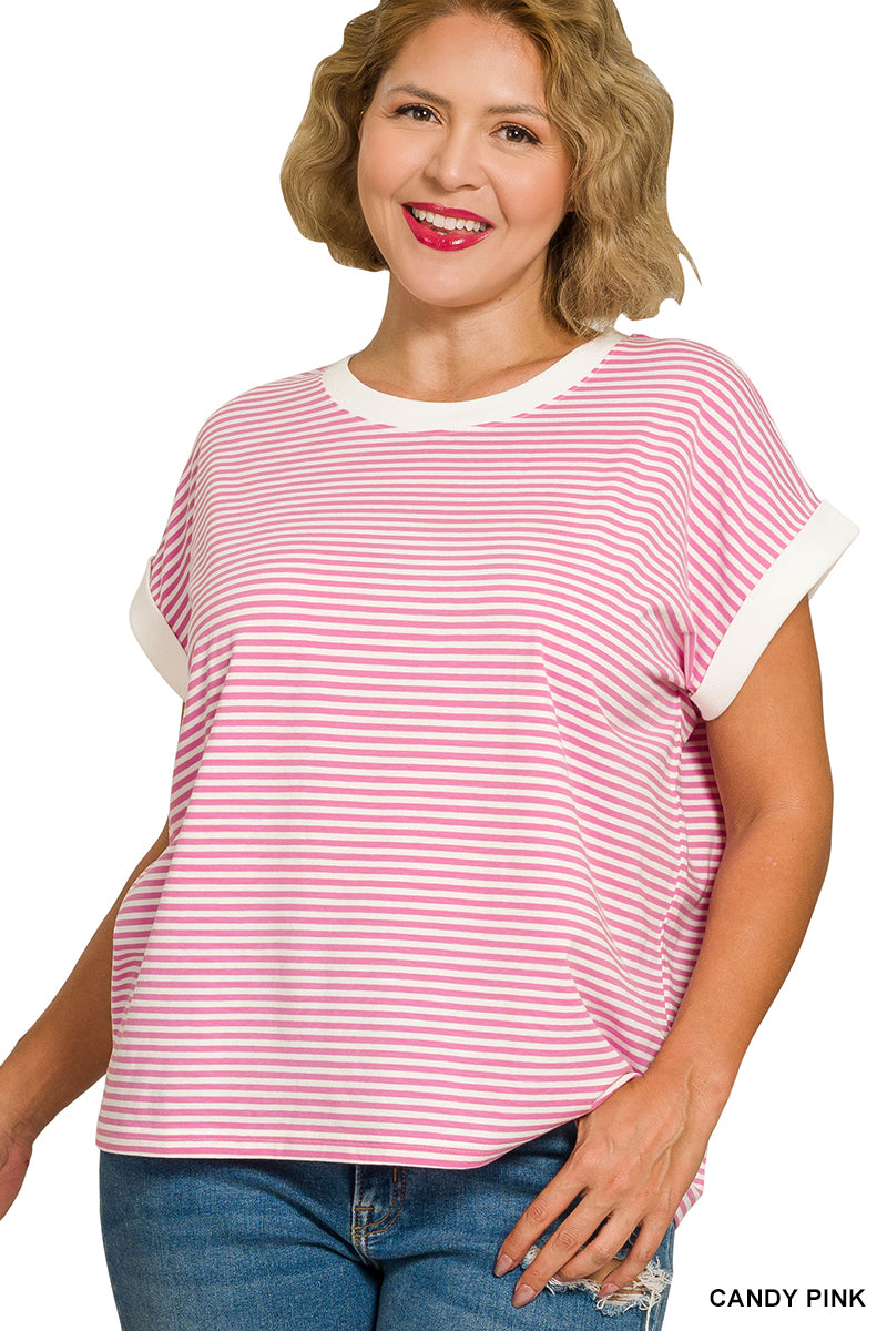 STRIPED CONTRAST TRIM TOP- Plus-How Cute is That? Boutique