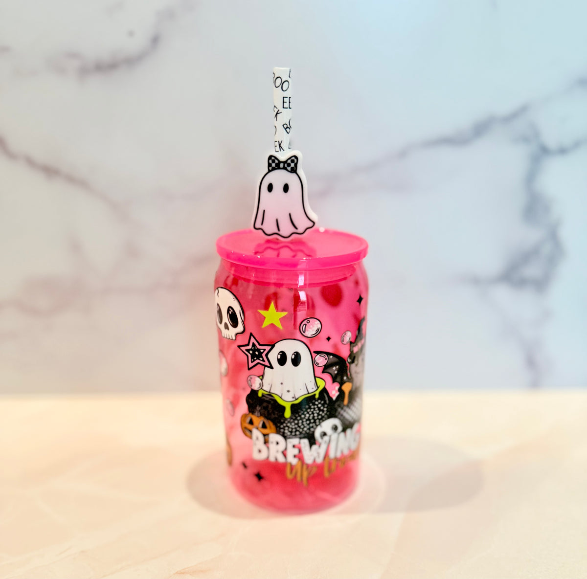 16oz hot pink acrylic Halloween tumbler with ghost straw topper, Brewing Up Trouble print, patterned straw