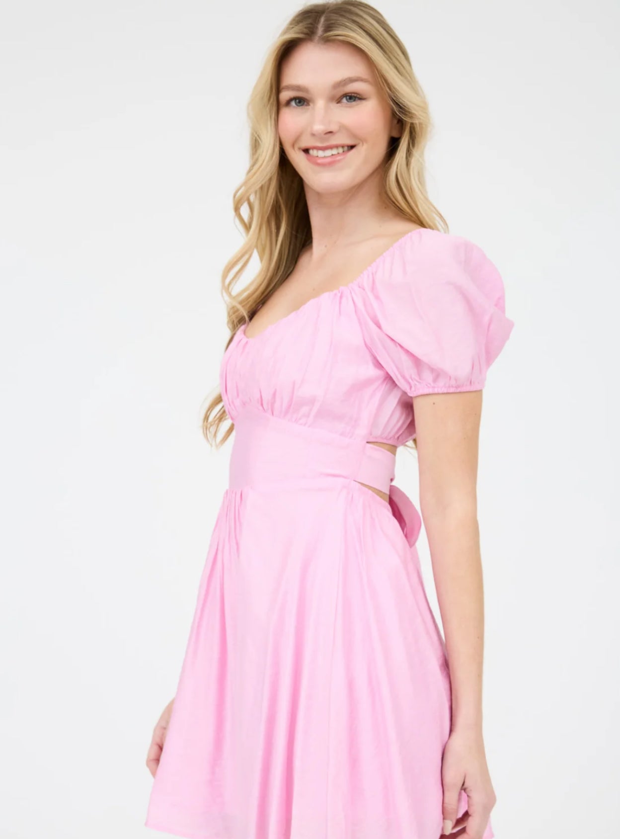 RUFFLE SLEEVE BACK TIE SOLID MINI DRESS-How Cute is That? Boutique