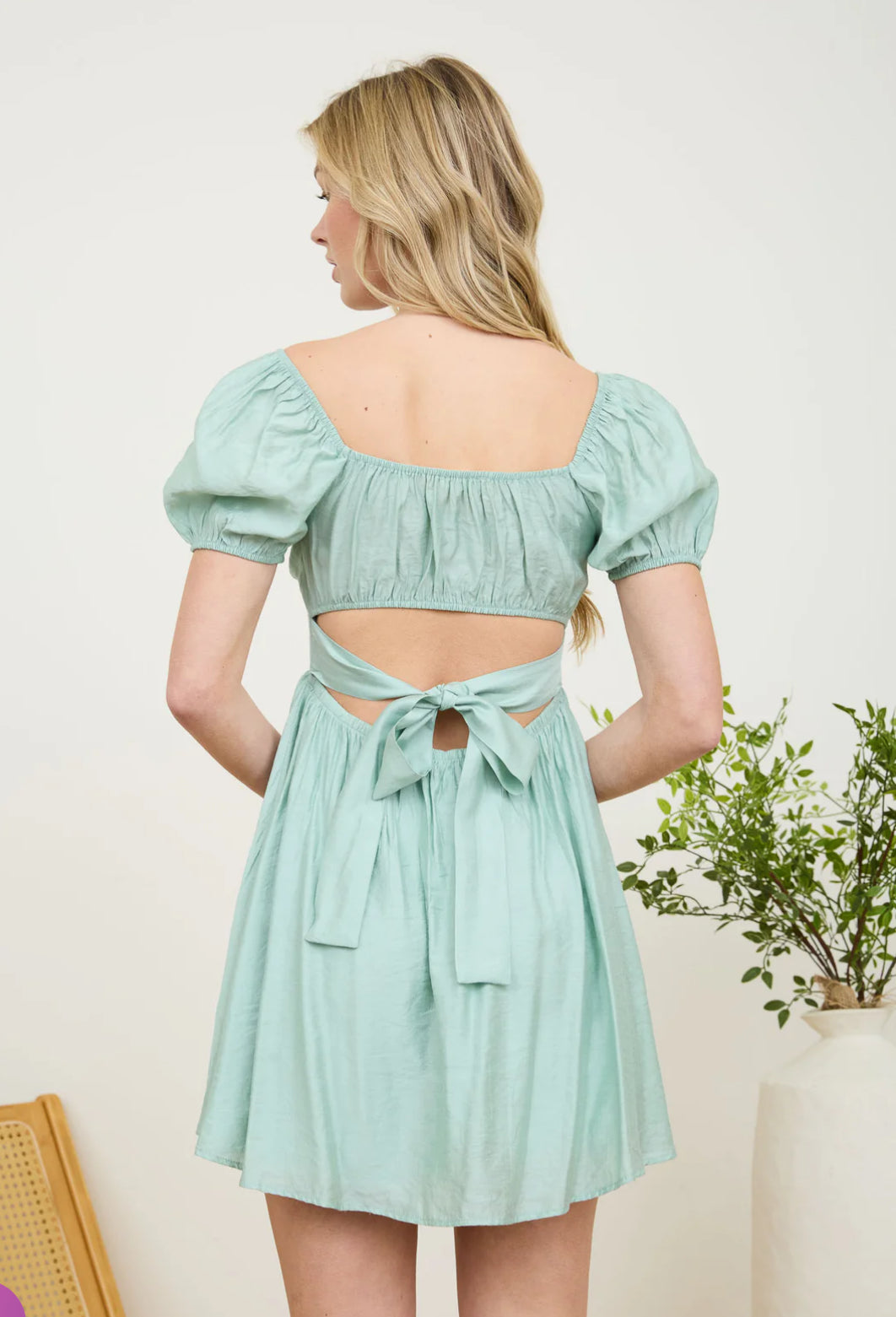RUFFLE SLEEVE BACK TIE SOLID MINI DRESS-How Cute is That? Boutique