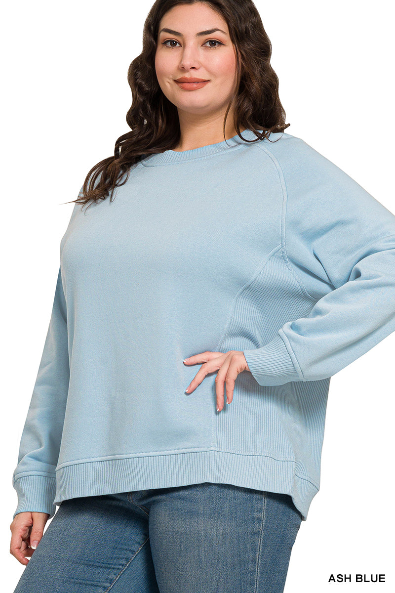 Plus FLEECE ROUND NECK RIBBED SIDE RAGLAN SWEATSHIRTS In Ash Blue-How Cute is That? Boutique