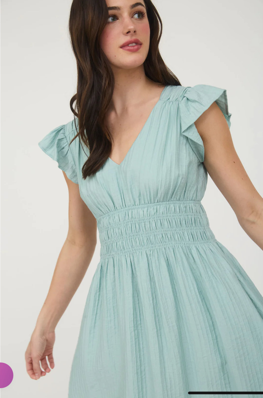 V NECK SHIRRED WAIST RUFFLE SLEEVE MINI DRESS-How Cute is That? Boutique