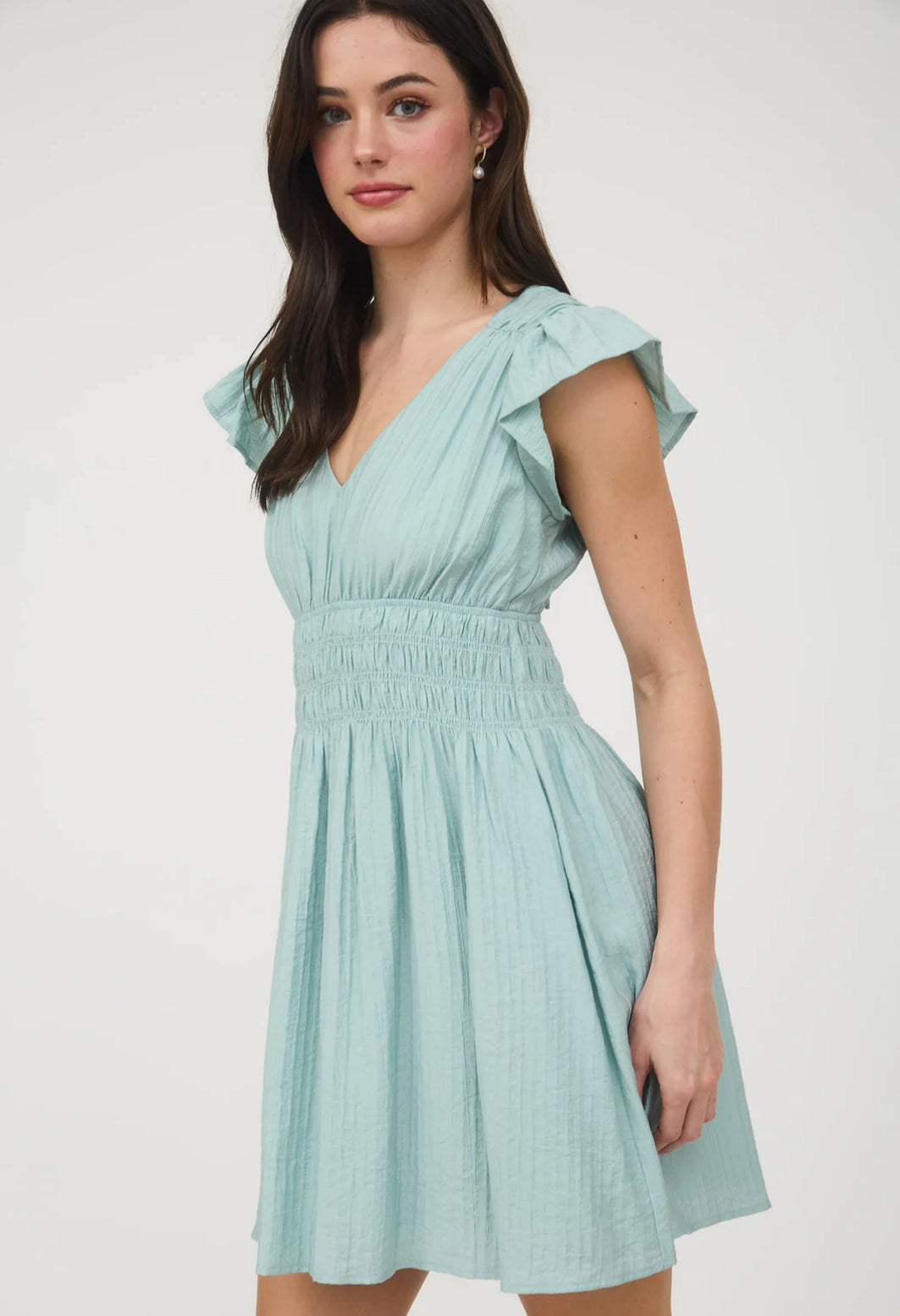 V NECK SHIRRED WAIST RUFFLE SLEEVE MINI DRESS-How Cute is That? Boutique