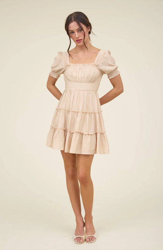 SQUARE NECK SMOCKED DETAIL TIERED MINI DRESS