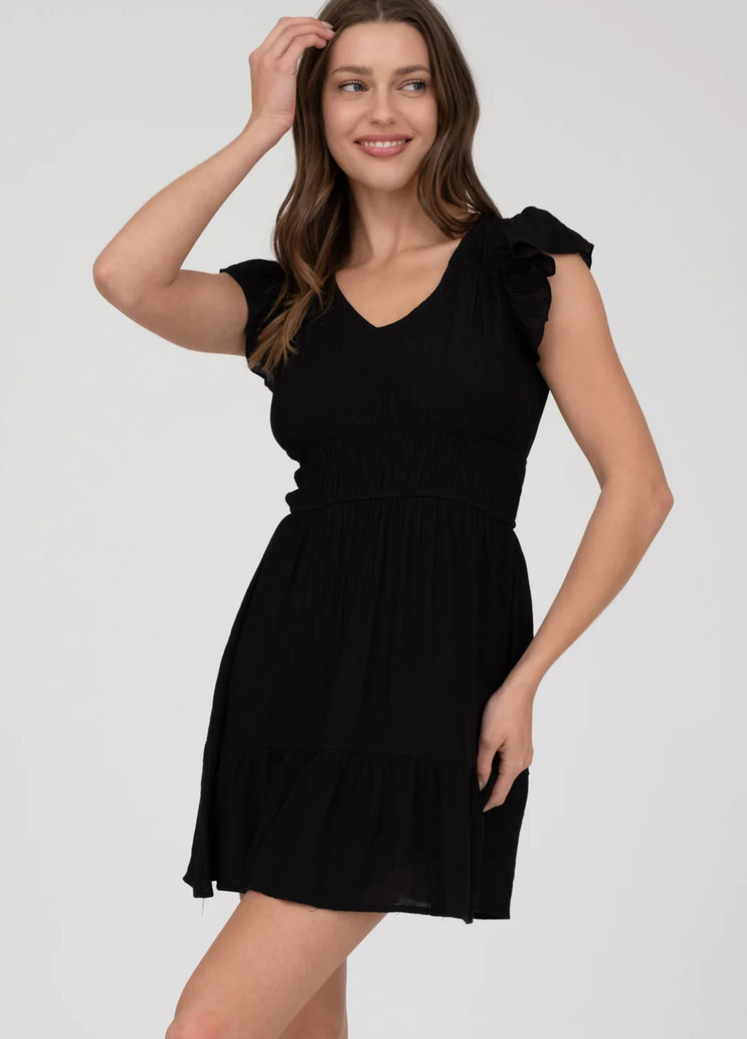 V NECK SHORT SLEEVE RUFFLE DETAIL SHIRRED MINI DRESS