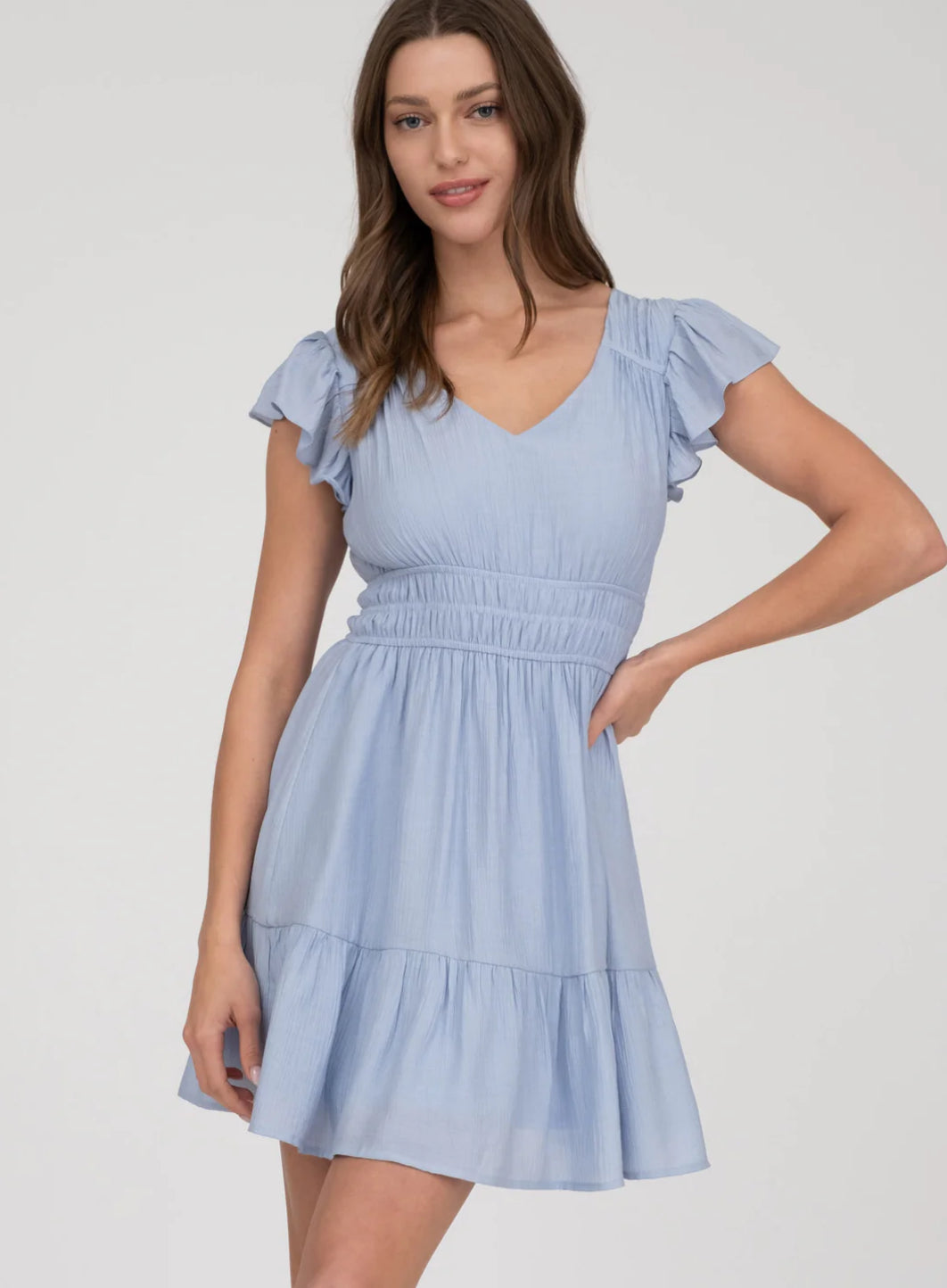 V NECK SHORT SLEEVE RUFFLE DETAIL SHIRRED MINI DRESS