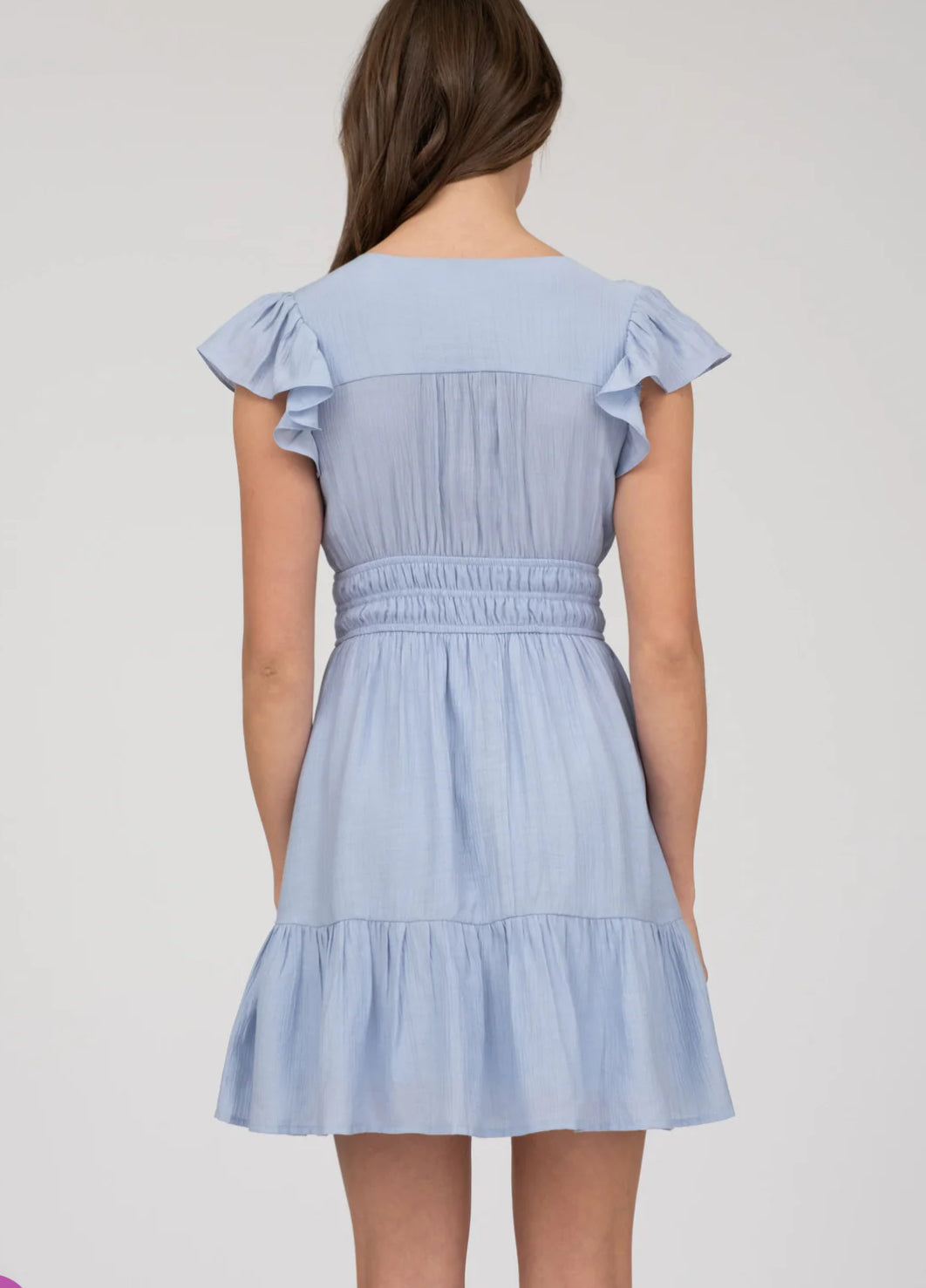 V NECK SHORT SLEEVE RUFFLE DETAIL SHIRRED MINI DRESS