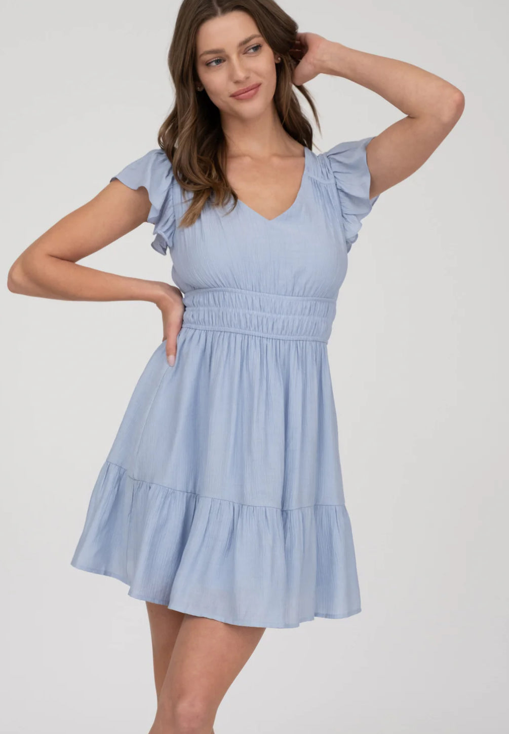 V NECK SHORT SLEEVE RUFFLE DETAIL SHIRRED MINI DRESS