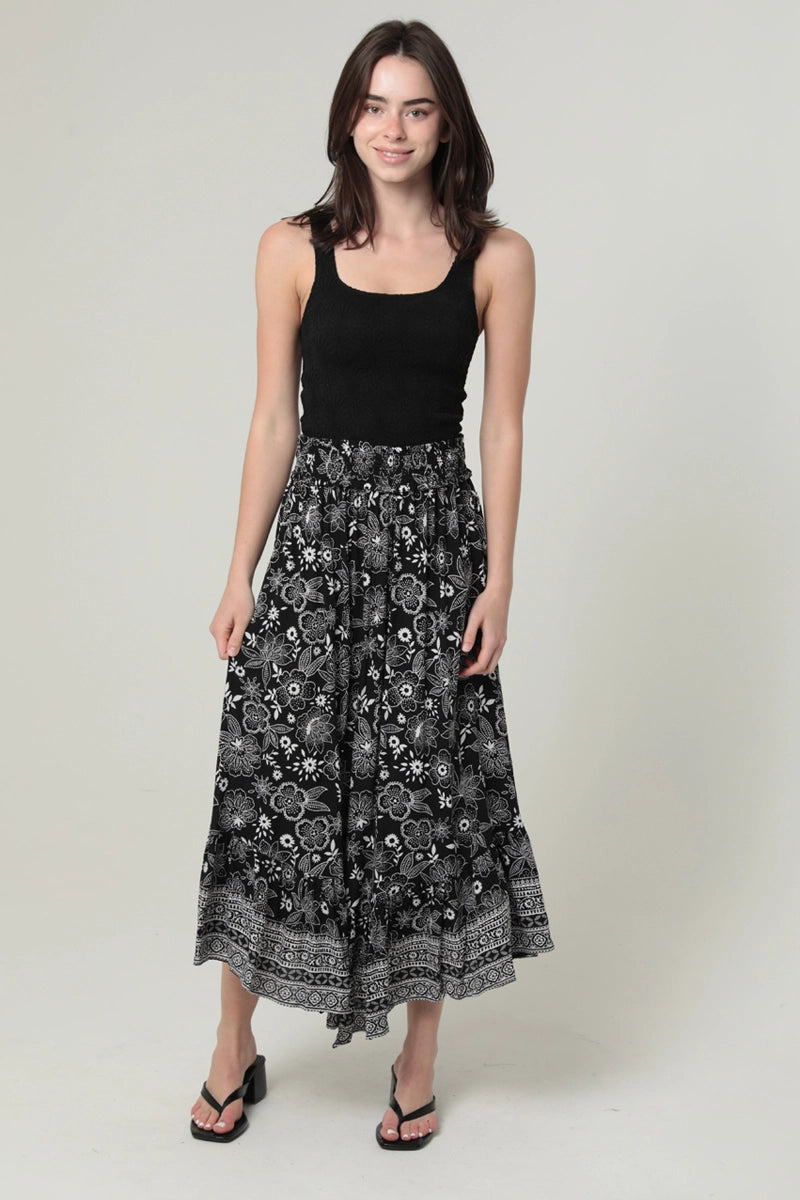 Printed Angled Hem Maxi Skirt with Smocked Waist