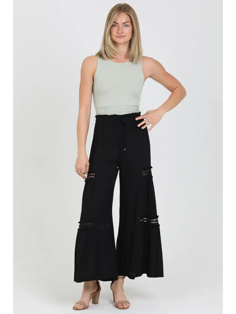 Lace Insets Wide Leg Pants with Drawstring Waist In black-How Cute is That? Boutique