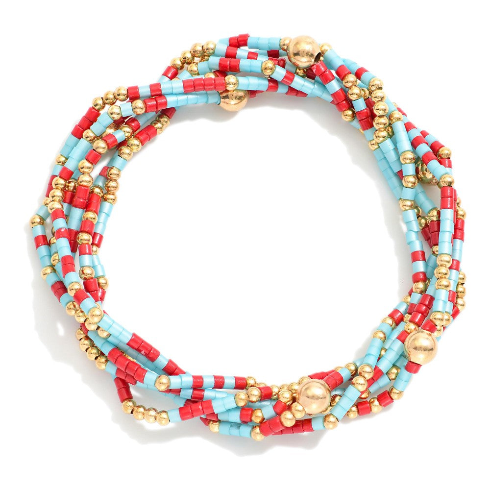 Set of Six Game Day Beaded Stretch Bracelets With Gold Tone Bead Accents