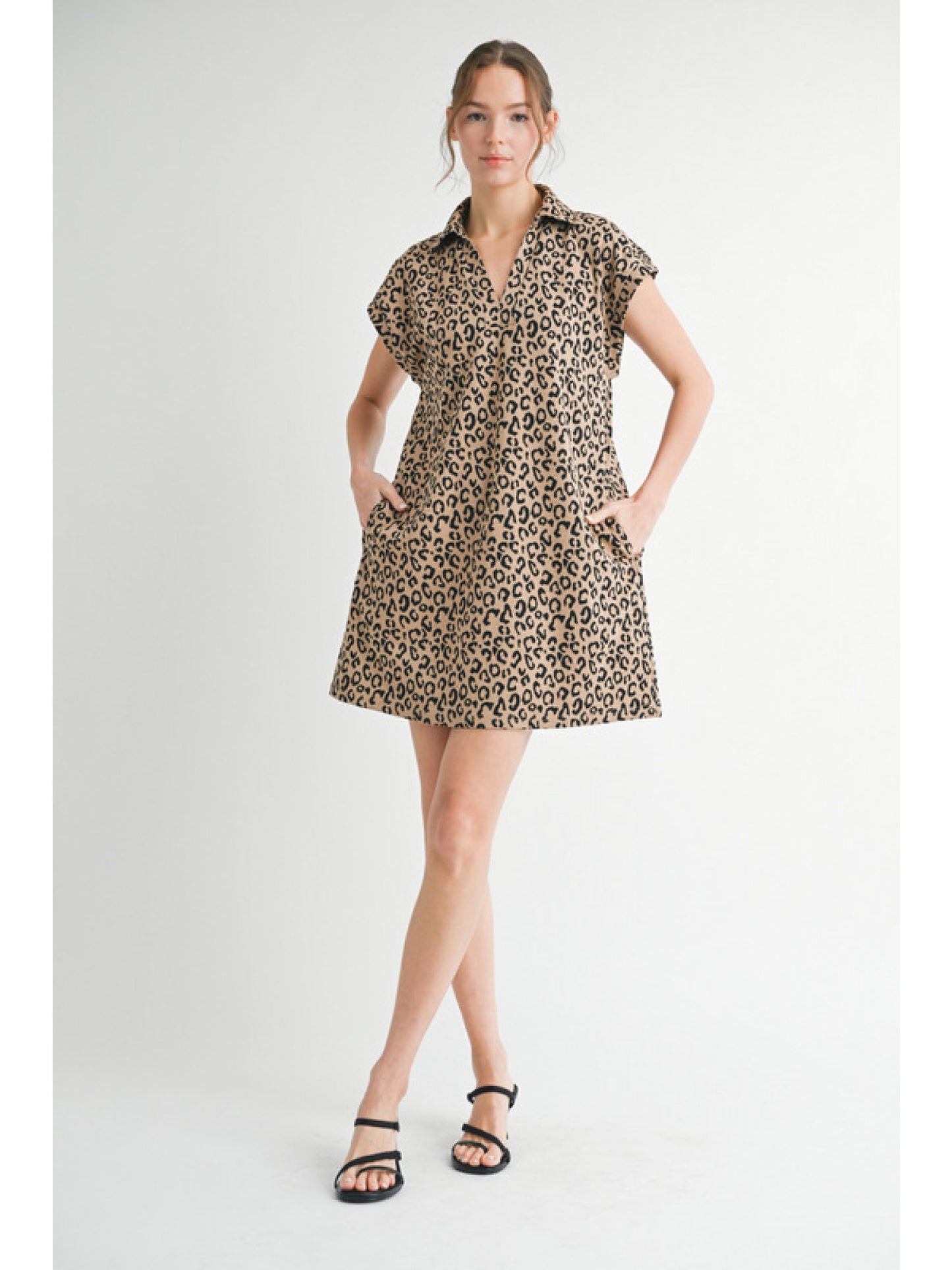Leopard dress with open collared neck