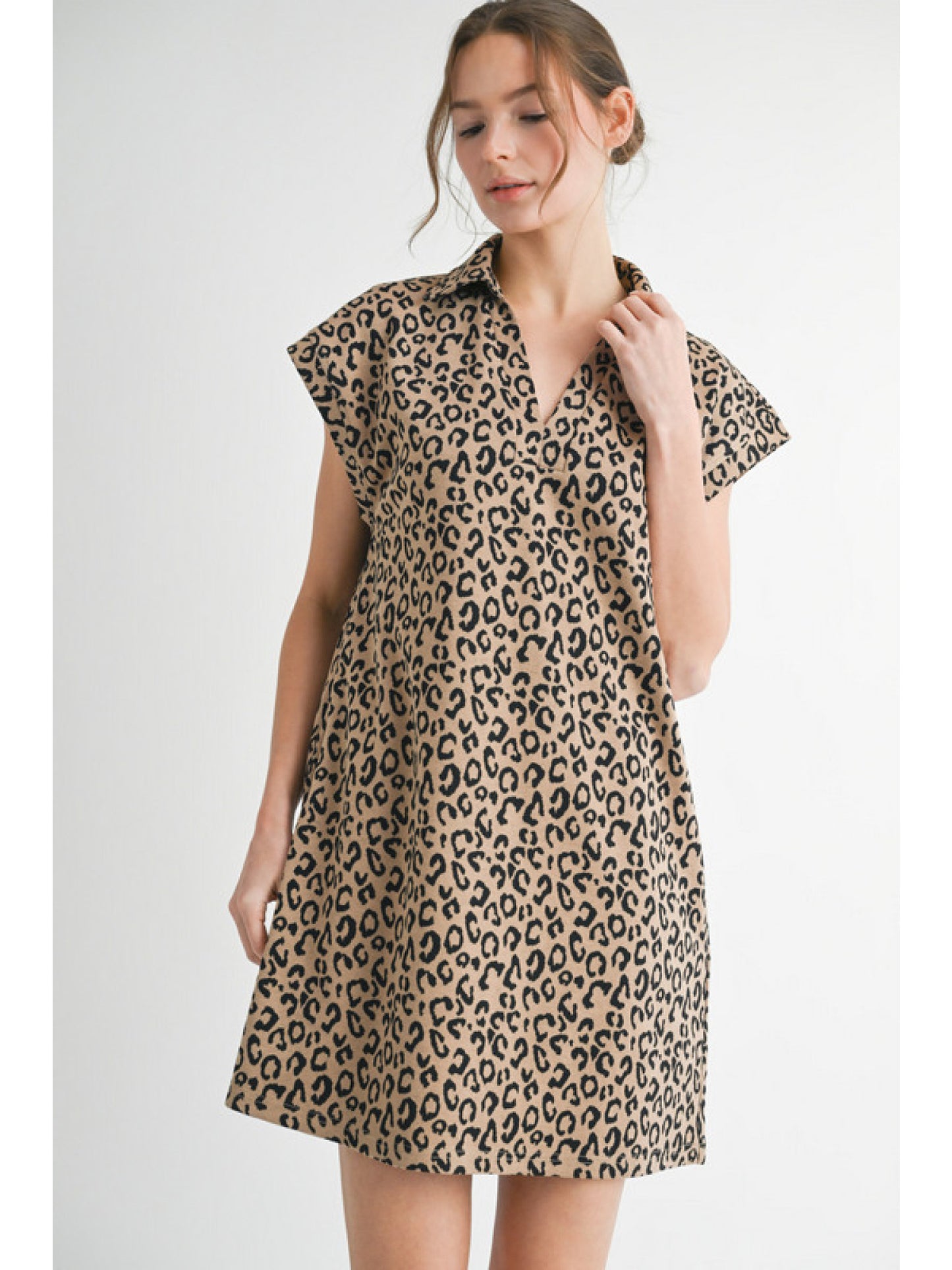 Leopard dress with open collared neck