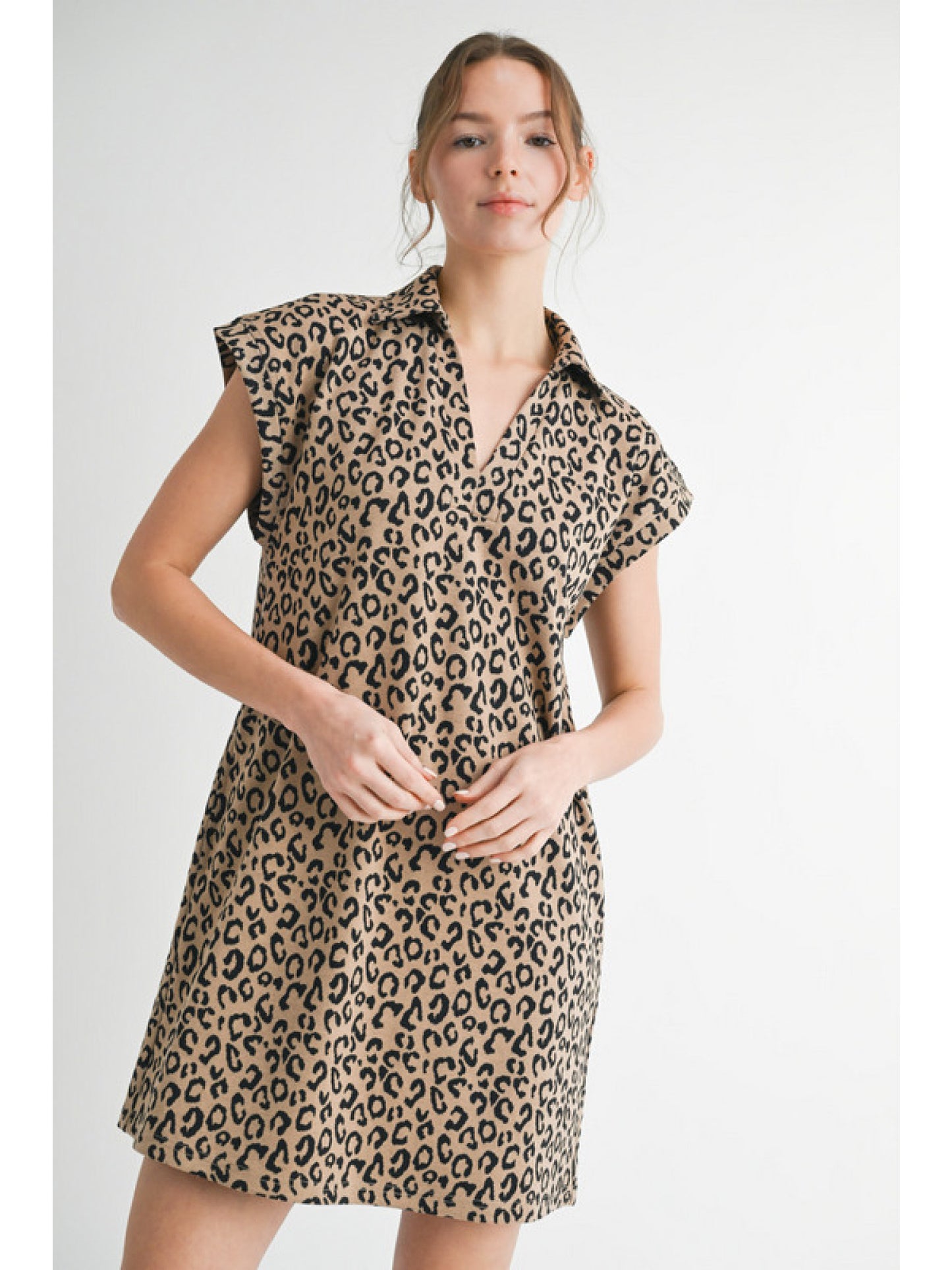 Leopard dress with open collared neck