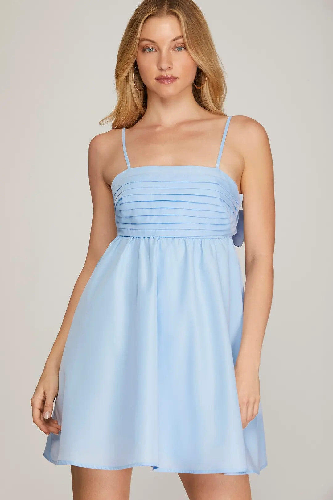 PLEATED CUT OUT BACK WOVEN DRESS WITH BACK TIE DETAIL-How Cute is That? Boutique