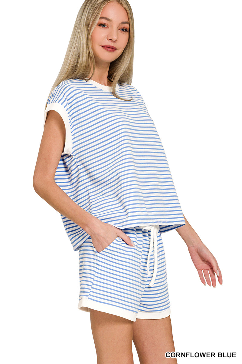 STRIPE CONTRAST TRIM TOP & SHORTS SET In Cornflower Blue