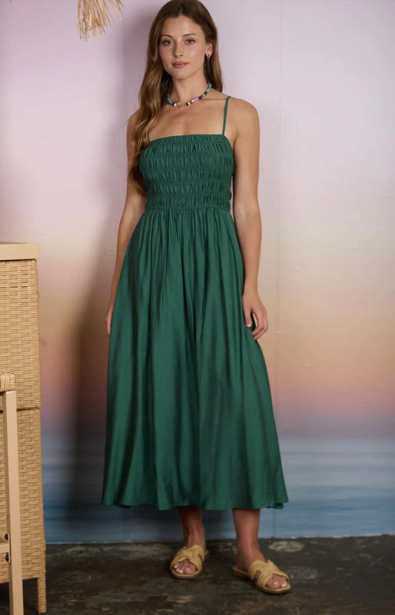 emerald green sun dress Shirred Smocked Midi Sundress – How Cute is That? Boutique Boho dress Color:White (Missing 2 Buttons) INV-218008 Chris Perfetti, Danielle Deadwyler, vibrant twist