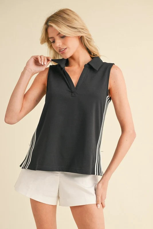 Black side stripe sleeveless collared women’s top styled with white shorts