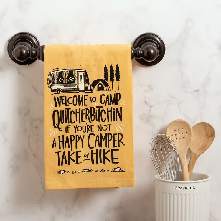 Yellow Welcome to Camp funny kitchen towel with camper, tent and Take a Hike saying