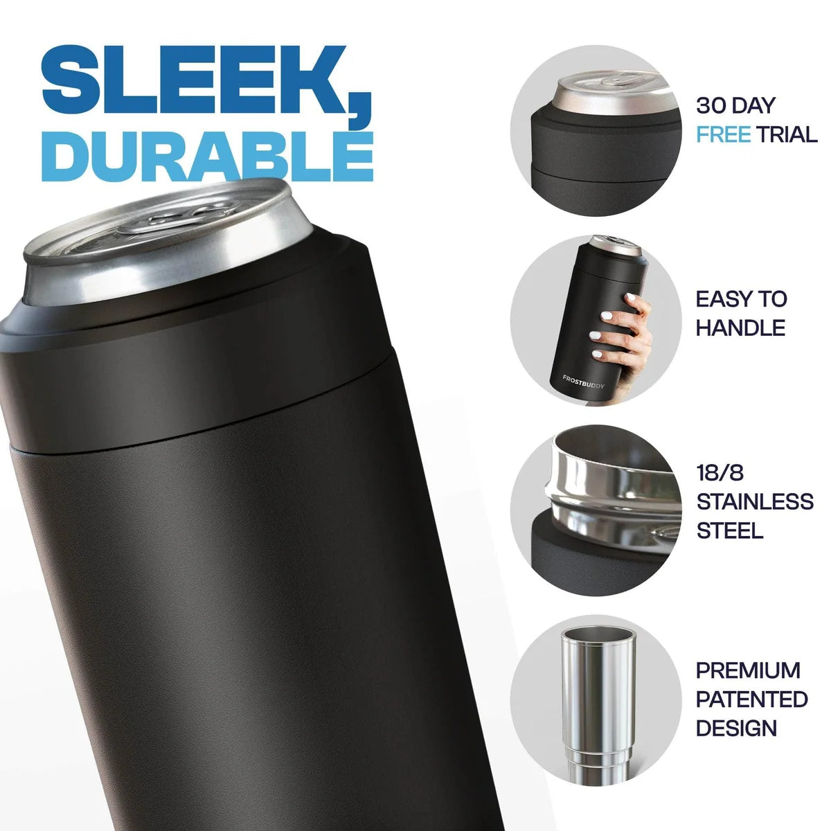 Black Frost Buddy Universal Buddy with close-ups of its grip, stainless steel construction and inner insert.