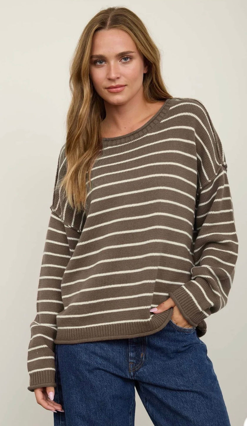 Cream striped oversized crewneck sweater in taupe – women's boutique knit sweater