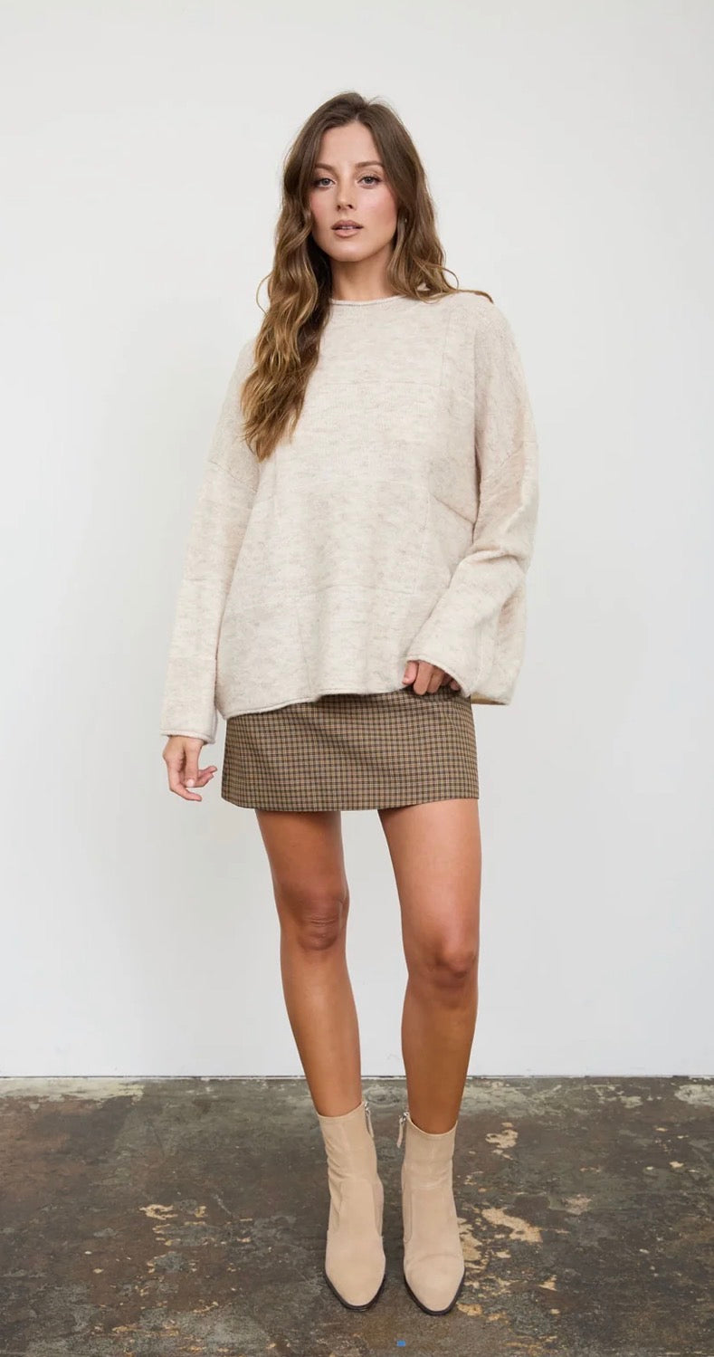 Heathered checkered texture long sleeve sweater in Oatmeal – women's boutique knit sweater