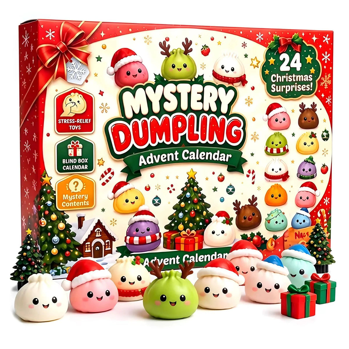 Mystery Dumpling Christmas Advent Calendar with 24 surprise squishy toys in festive holiday packaging