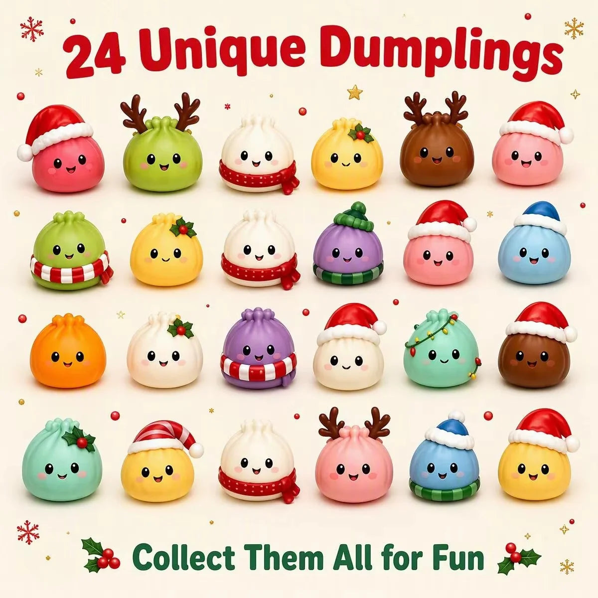 24 colorful Christmas dumpling squishy toys with Santa hats, reindeer antlers and winter scarves