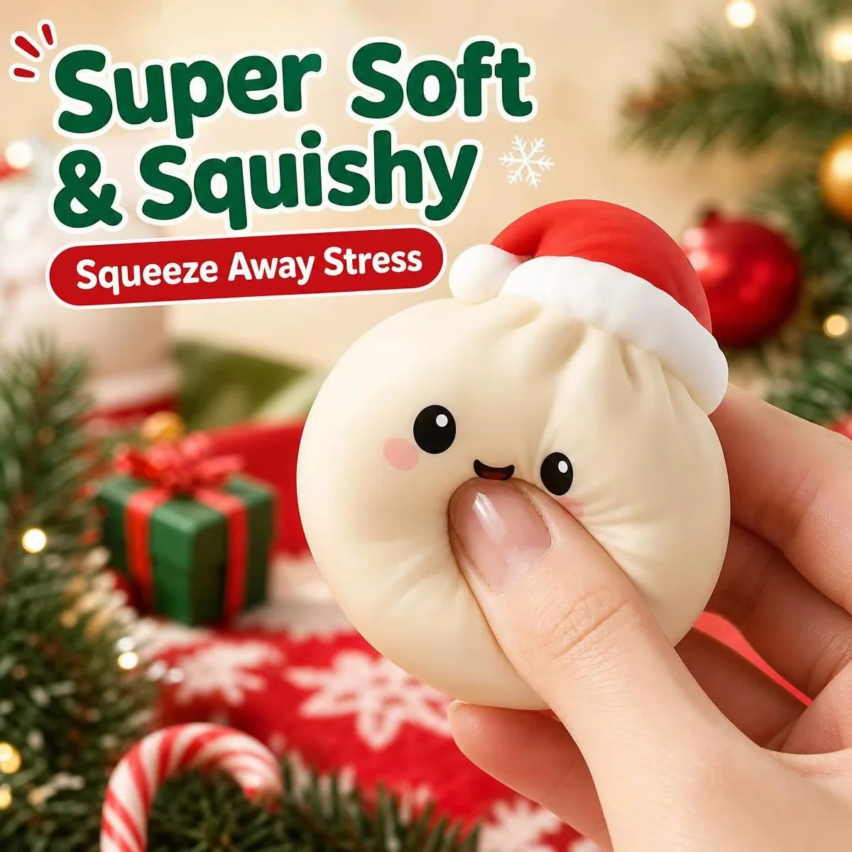 Soft Christmas dumpling stress relief squishy toy being squeezed to show its flexible texture
