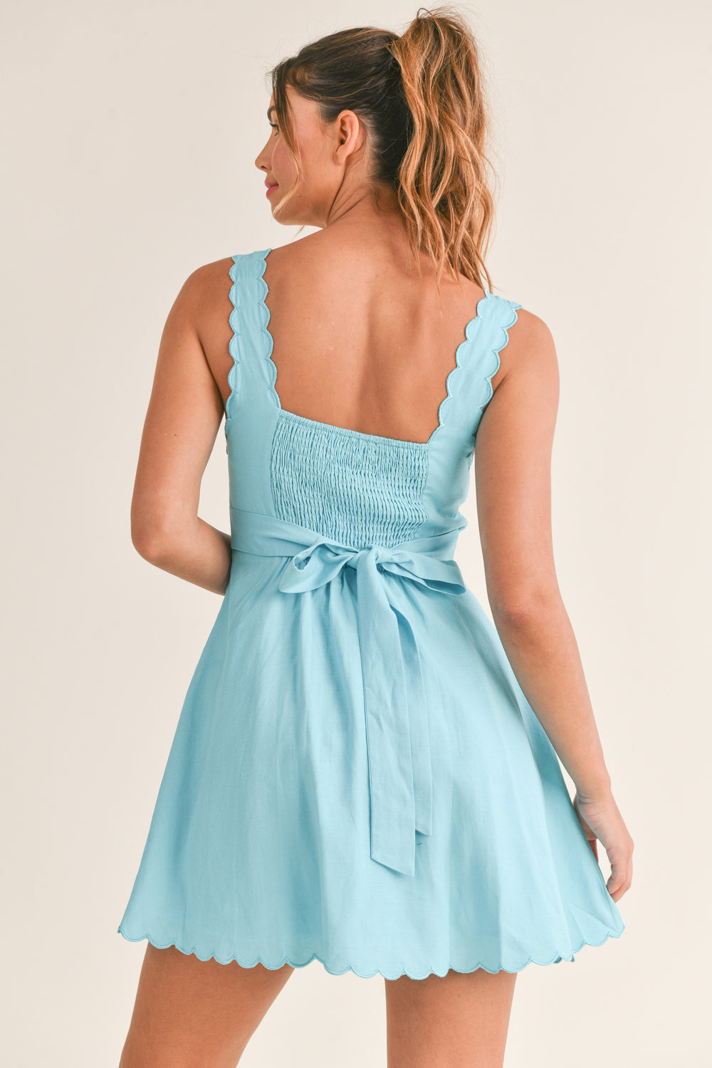 SCALLOP EMBROIDERED SQUARE NECK MINI DRESS