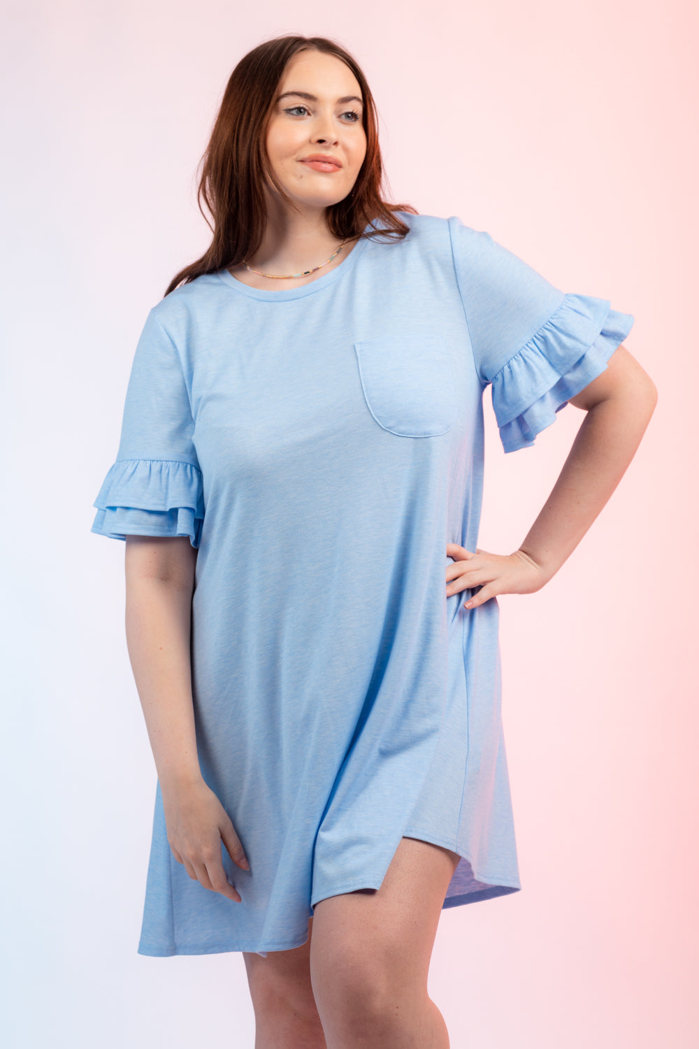 PLUS SIZE Short Sleeve French Terry Pocket Tee Shirt Dress IN SKY BLUE