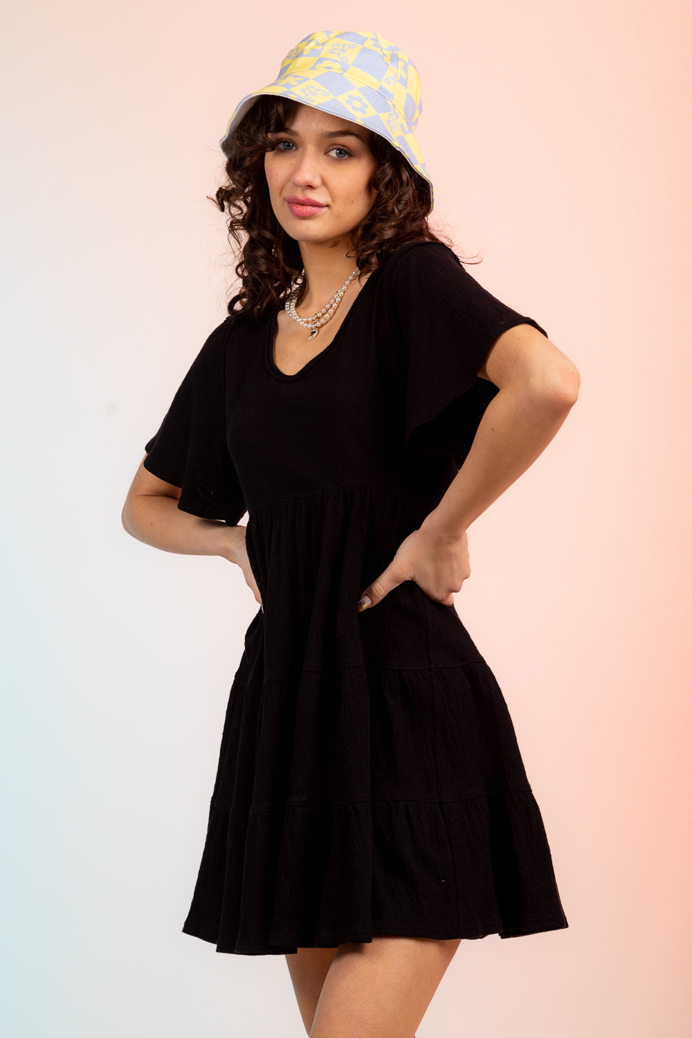 Short Sleeve Gathered Multi-Tier Babydoll Mini Dress