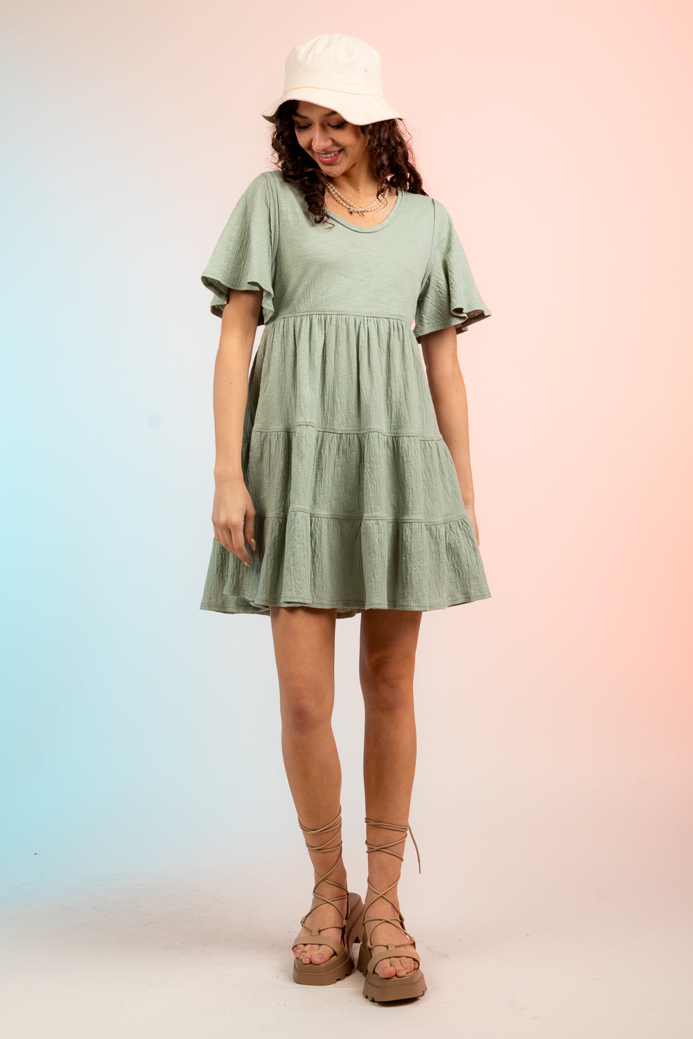 Short Sleeve Gathered Multi-Tier Babydoll Mini Dress