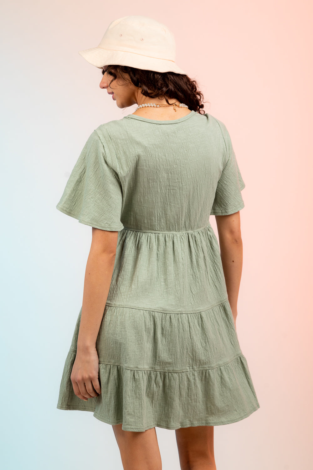 Short Sleeve Gathered Multi-Tier Babydoll Mini Dress