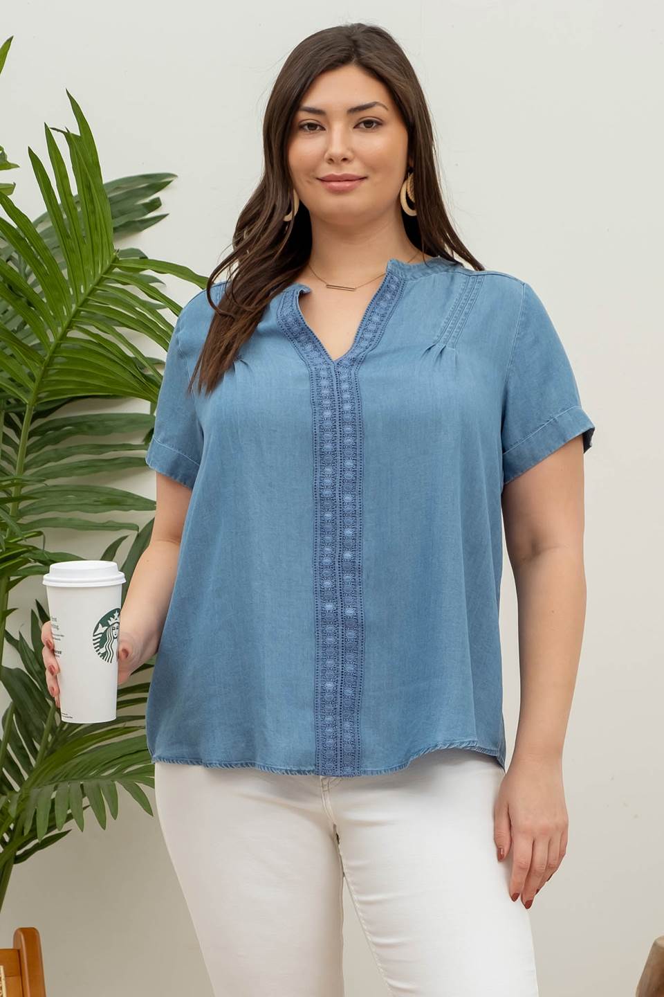 SPLIT NECK LACE TRIM CHAMBRAY TOP- PLUS SIZE-How Cute is That? Boutique
