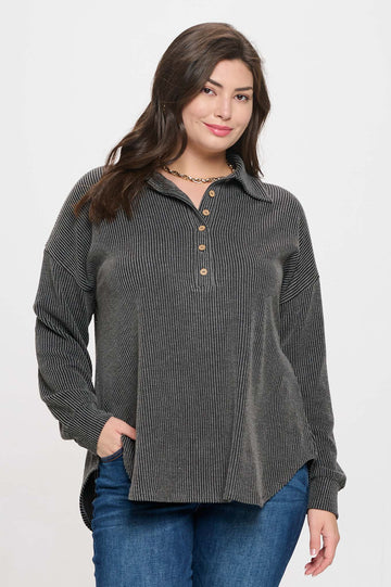 PLUS PINSTRIPE COLLARED HALF BUTTON KNIT TOP