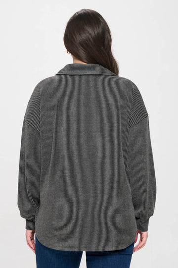 PLUS PINSTRIPE COLLARED HALF BUTTON KNIT TOP